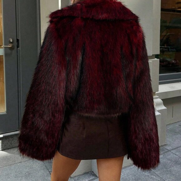Burgundy Preppy  Women's Front Open Faux Fur Collar Jacket, Outerwear - Picture 2 of 5